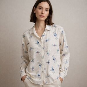 VTG Maggy London Dragonfly Polka Dot Print Button Down Blouse Shirt Size 4 Retro